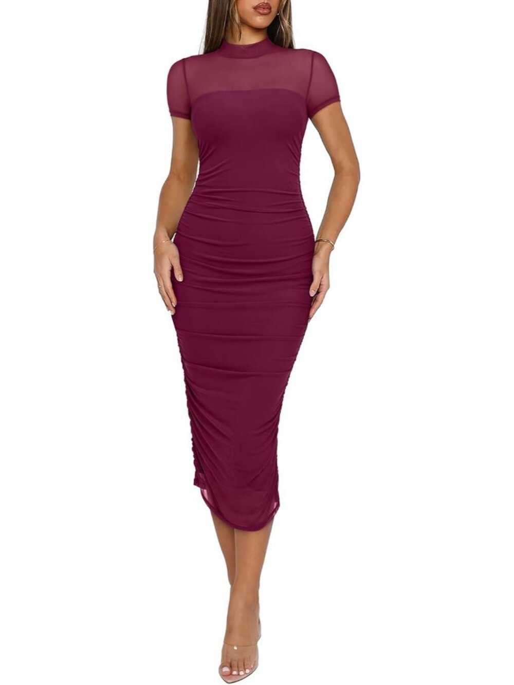 Women's Wine Red Fall Mesh Sheer Short Sleeve Midi Ruched Bodycon Elegant Dress